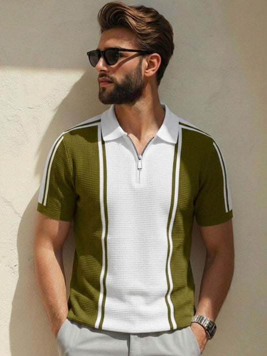 Premium Olive Green & White Zip Collar Polo T-Shirt for Men