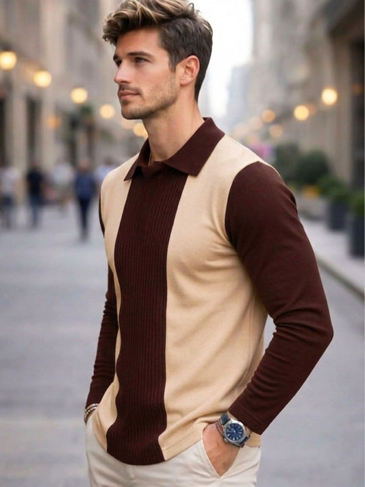 Premium Beige & Brown Zip Collar Full Sleeve Polo T-Shirt for Men