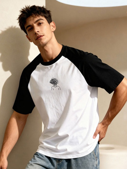 Premium Black & White Raglan Oversized Graphic T-Shirt for Men