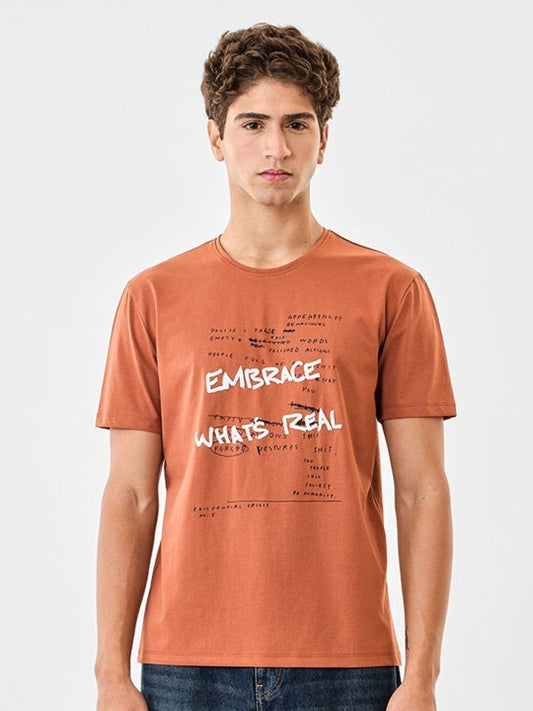 Zibilo Graphic Printed T-Shirt for Men – Rust Orange Casual Typography Tee