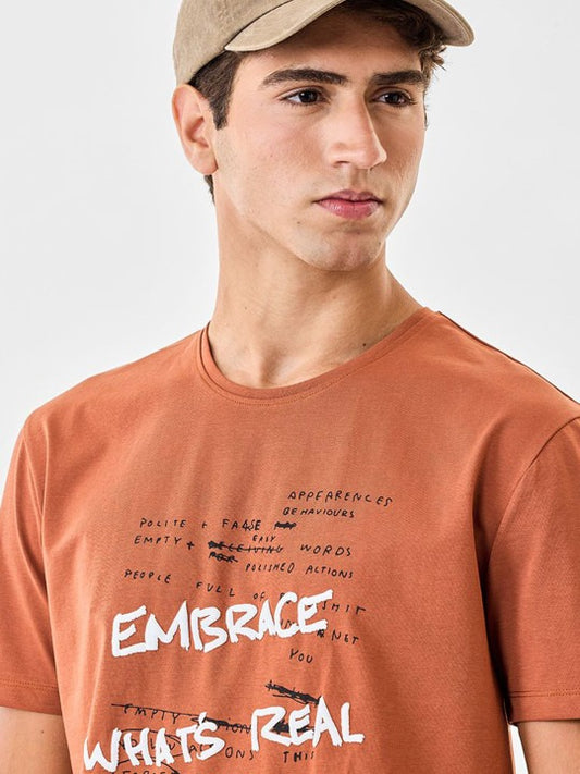 Zibilo Graphic Printed T-Shirt for Men – Rust Orange Casual Typography Tee
