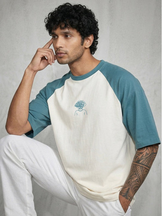 Zibilo Oversized Raglan T-Shirt for Men – Off White & Dusty Blue Casual Tee