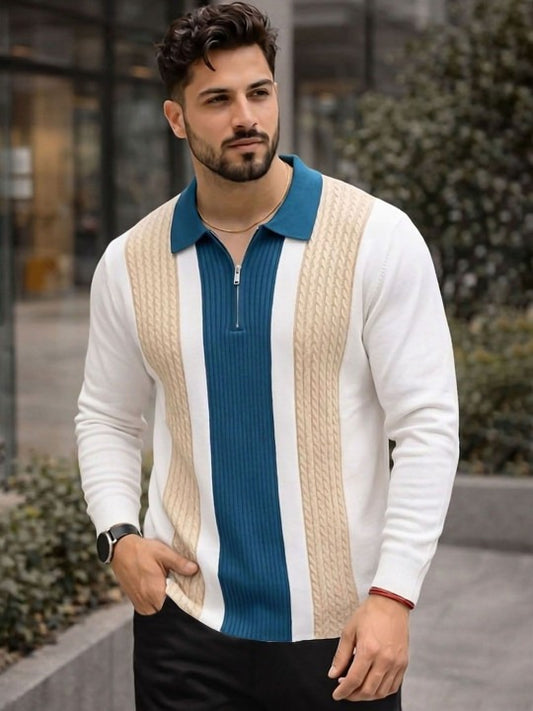 Premium White & Teal Textured Zip Collar Sweater Polo for Men