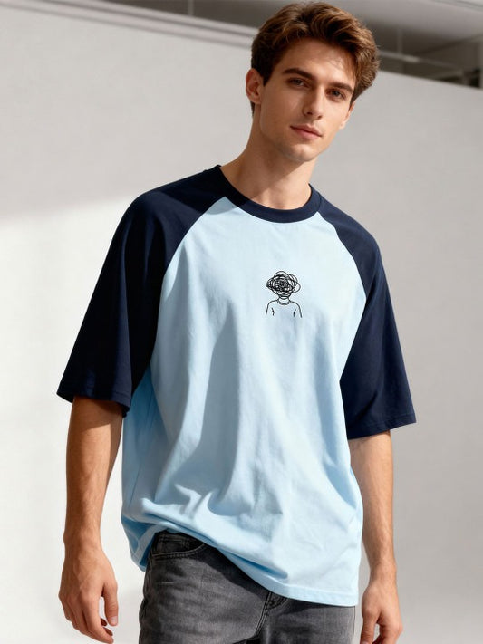 Zibilo Oversized Raglan T-Shirt for Men – Sky Blue & Navy Half Sleeve Casual Tee