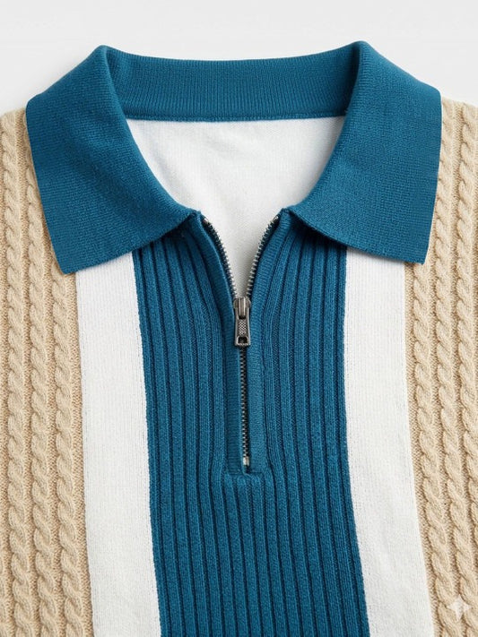 Premium White & Teal Textured Zip Collar Sweater Polo for Men
