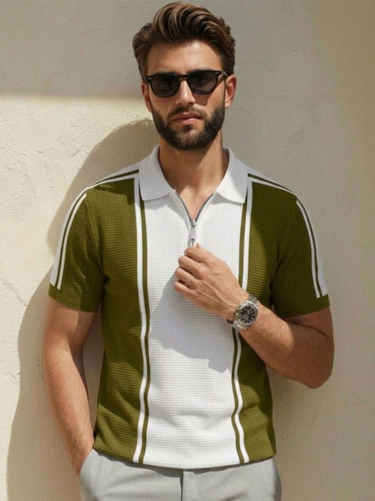 Premium Olive Green & White Zip Collar Polo T-Shirt for Men