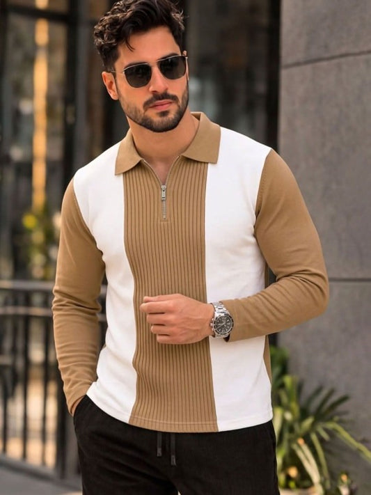 Premium Beige & White Zip Collar Ribbed Polo Sweater for Men