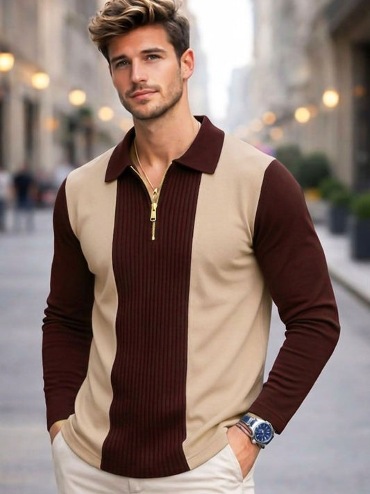 Premium Beige & Brown Zip Collar Full Sleeve Polo T-Shirt for Men