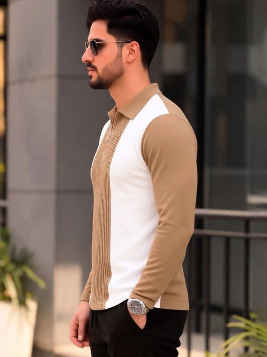 Premium Beige & White Zip Collar Ribbed Polo Sweater for Men